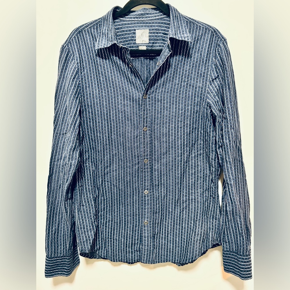 A/X Armani Exchange navy turquoise & white geometric slim fit, snaps  shirt S